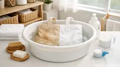 白いトートバッグの黒ずみを落とす方法 40℃のお湯と酸素系漂白剤で1時間ケア