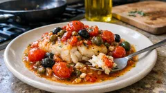 フライパンひとつで地中海風：タラのトマト×オリーブ蒸し煮ソテー